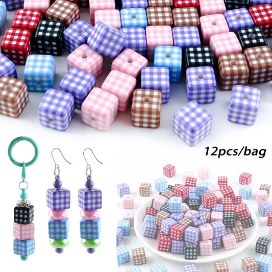 14×14mm 12pcs Acrylic Checkered Cube Beads, DIY Beads, Smoothly Threaded, Ideal for Holiday Decorations Crafts, Suitable for Making Necklaces Bracelets Keychains Phone Charms and other Beads&Bead Assortment