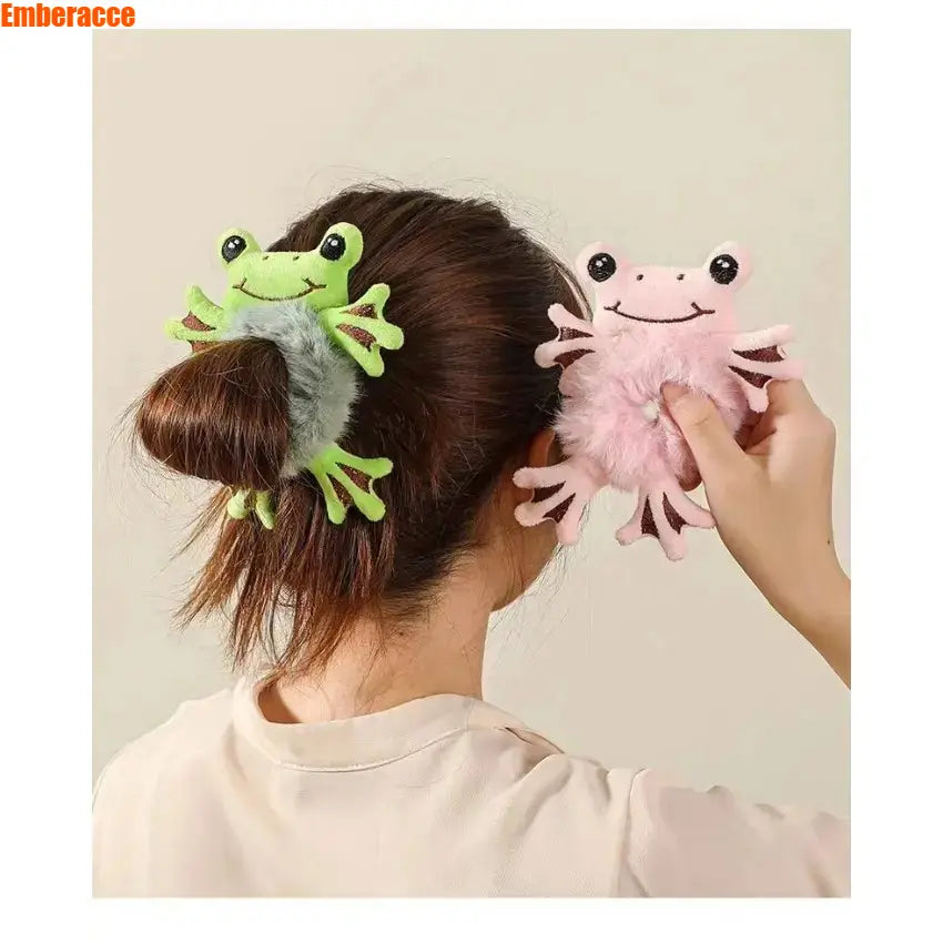 2pcs Frog Scrunchie for Women, Cute Plush Hair Tie with Soft Fabric, Stretchy Elastic Hair Accessories for Thick Hair, Fun Animal Hair Tie for Ponytails, Buns, Everyday Wear, Gifts,sohochic