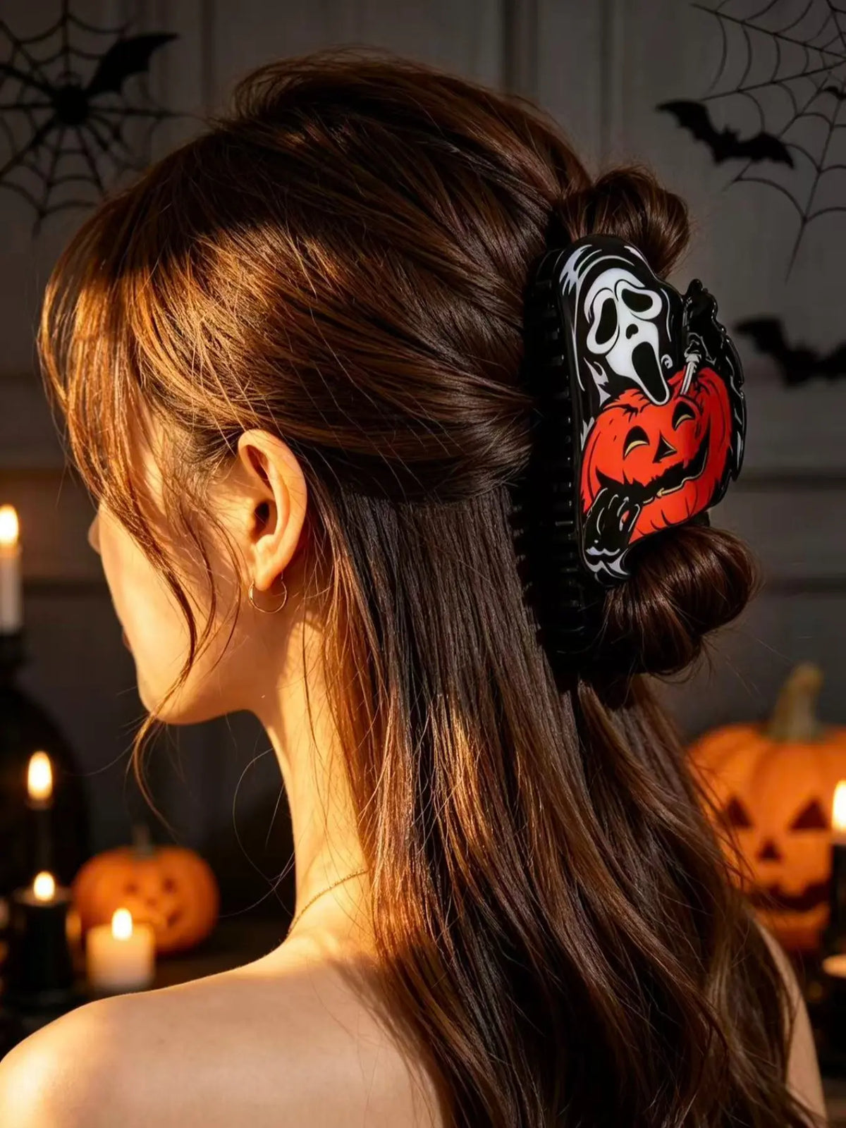 Halloween Large Hair Claw Clip, Horror Ghost Face & Pumpkin Print Jaw Hair Clamp, Spooky Gothic Decorative Hair Grip, Strong Hold Costume Hair Accessory for Women Girls Halloween Party Cosplay