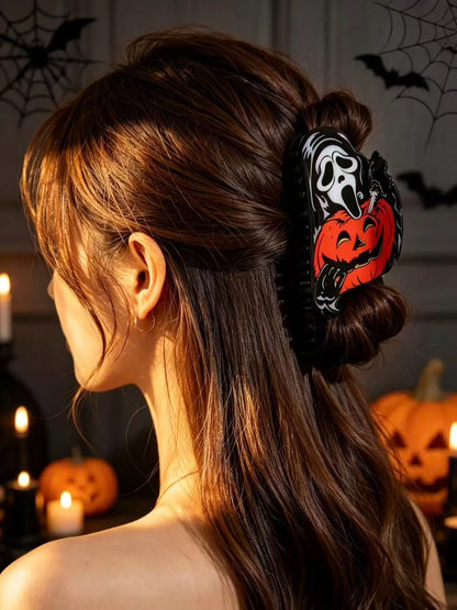 Halloween Large Hair Claw Clip, Horror Ghost Face & Pumpkin Print Jaw Hair Clamp, Spooky Gothic Decorative Hair Grip, Strong Hold Costume Hair Accessory for Women Girls Halloween Party Cosplay