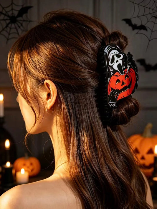 Halloween Large Hair Claw Clip, Horror Ghost Face & Pumpkin Print Jaw Hair Clamp, Spooky Gothic Decorative Hair Grip, Strong Hold Costume Hair Accessory for Women Girls Halloween Party Cosplay