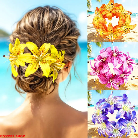 Women's 4-PCS Lightweight Romantic Synthetic Full Bloom Boho Artificial Lily Scrunchie, Big Floral Elastic Cute Hairbands & Scrunchies, Vacation Beach Hair Decor - Ideal for Beach Vacation, Wedding, Festival Styling sohochic