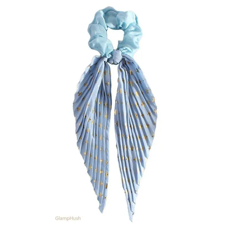 3PC Pleated Satin Scarf Scrunchie, Gold Foil Cross Print Bow Ribbon Hair Tie, Long Streamer Ponytail Hair Scrunchies for Women Girls