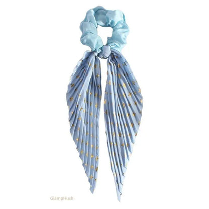 3PC Pleated Satin Scarf Scrunchie, Gold Foil Cross Print Bow Ribbon Hair Tie, Long Streamer Ponytail Hair Scrunchies for Women Girls