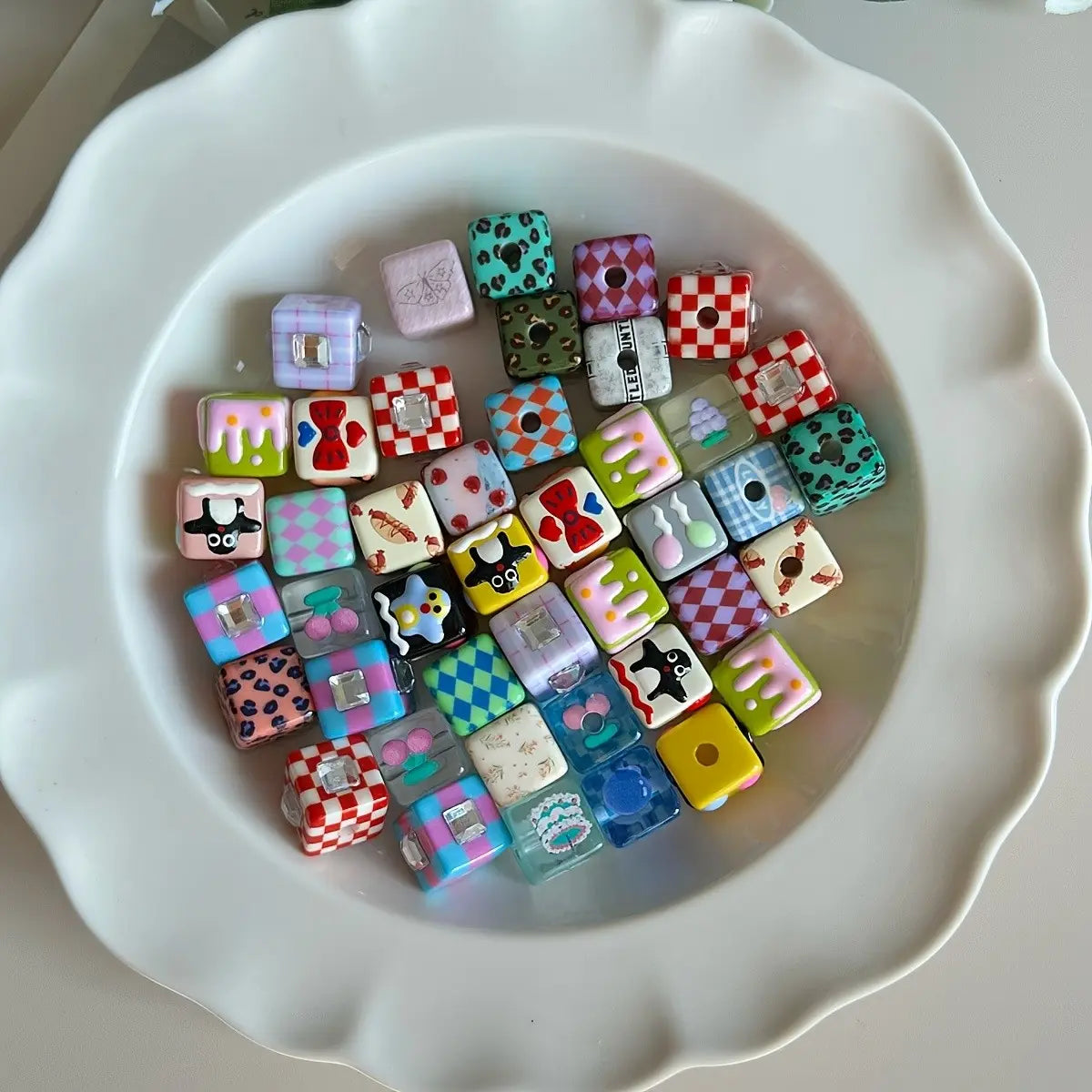 10pcs 14mm Square Beads, DIY Beads, Beads For Crafts, Hand-Drawn Patterns, Nordic Style, for Bracelets, Phone Chains, Keychains, Pet Necklaces, Unique Accessories