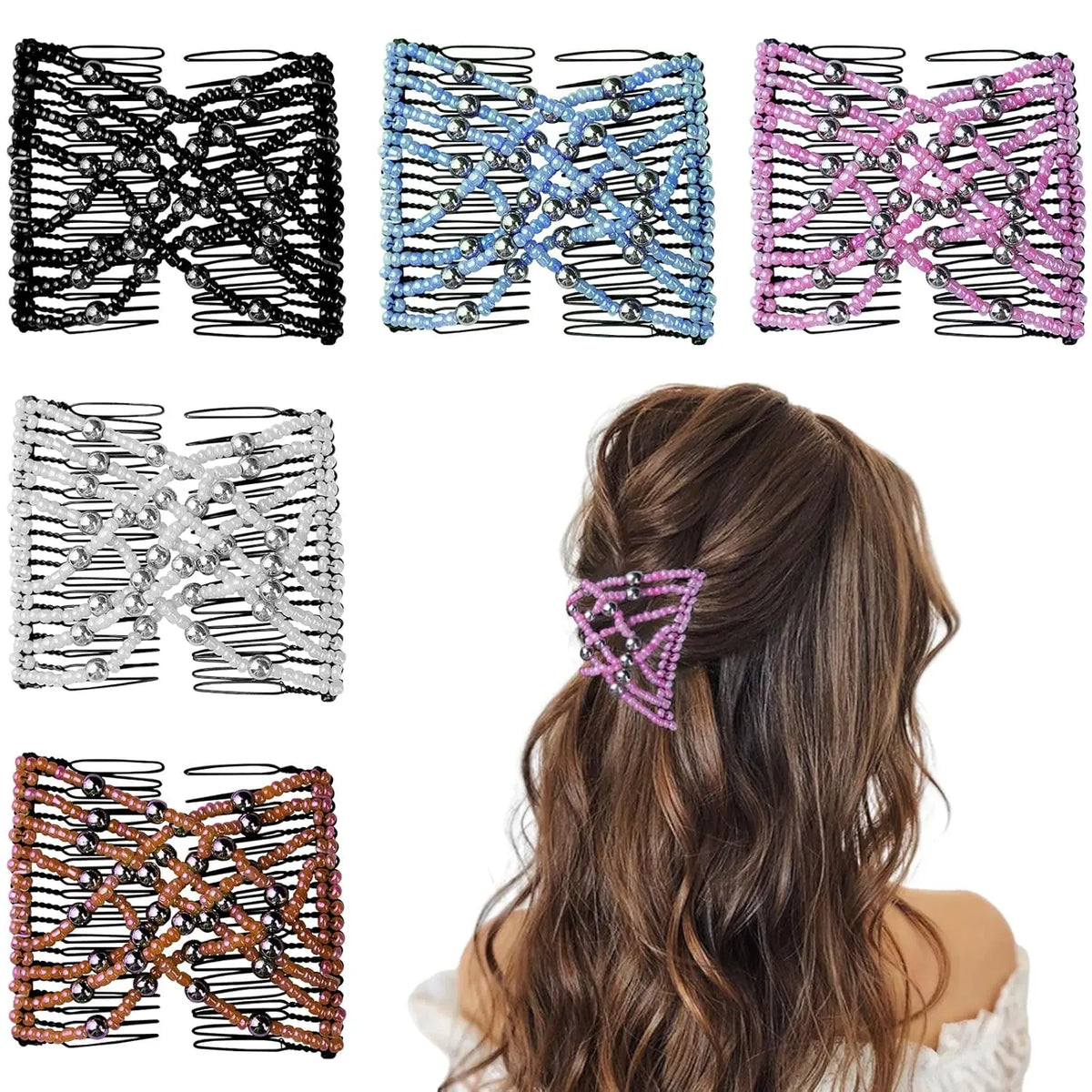 5PCS Stretchy Magic Hair Comb Clips, Adjustable Elastic Hair Pins for Bun, Ponytail & Updo Styling