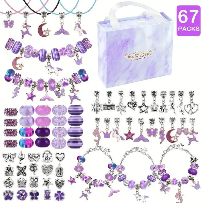 67-Piece DIY Jewelry Accessories with Charms Mix Beads Bracelet Kit for Girls Aged 6-10, Includes Jewelry Making Supplies & Portable Box, Bracelet Beads and Charms, Perfect Birthday Gift Idea, Jewelry Making Kits