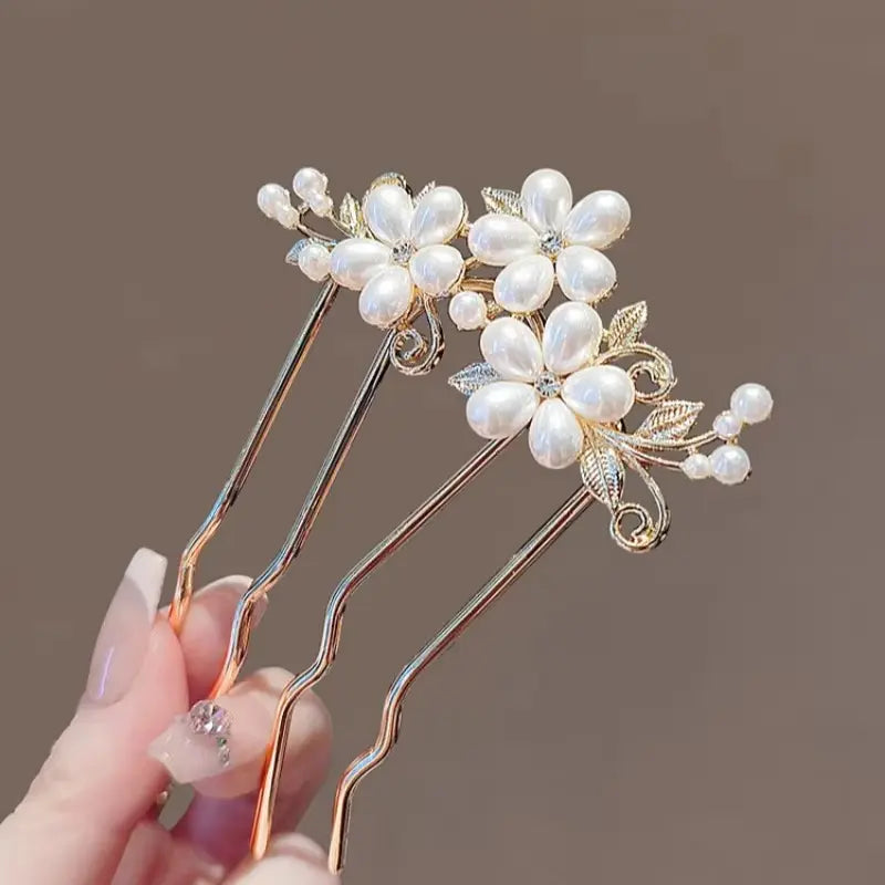 French Retro Bun Hair Accessories Elegant Pearl Flower Hair Combs Pins Women Daily U-shaped Hairpin Female Alloy Hair Clasp Gift