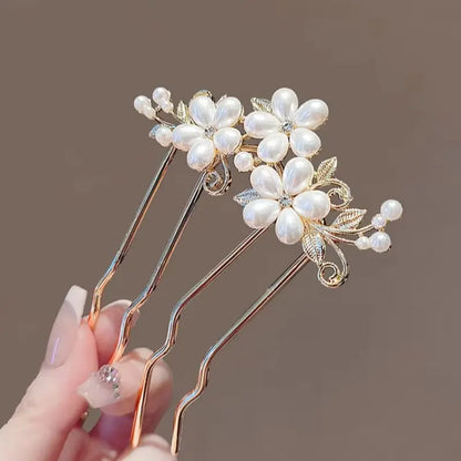 French Retro Bun Hair Accessories Elegant Pearl Flower Hair Combs Pins Women Daily U-shaped Hairpin Female Alloy Hair Clasp Gift