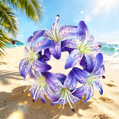 Women's 4-PCS Lightweight Romantic Synthetic Full Bloom Boho Artificial Lily Scrunchie, Big Floral Elastic Cute Hairbands & Scrunchies, Vacation Beach Hair Decor - Ideal for Beach Vacation, Wedding, Festival Styling sohochic