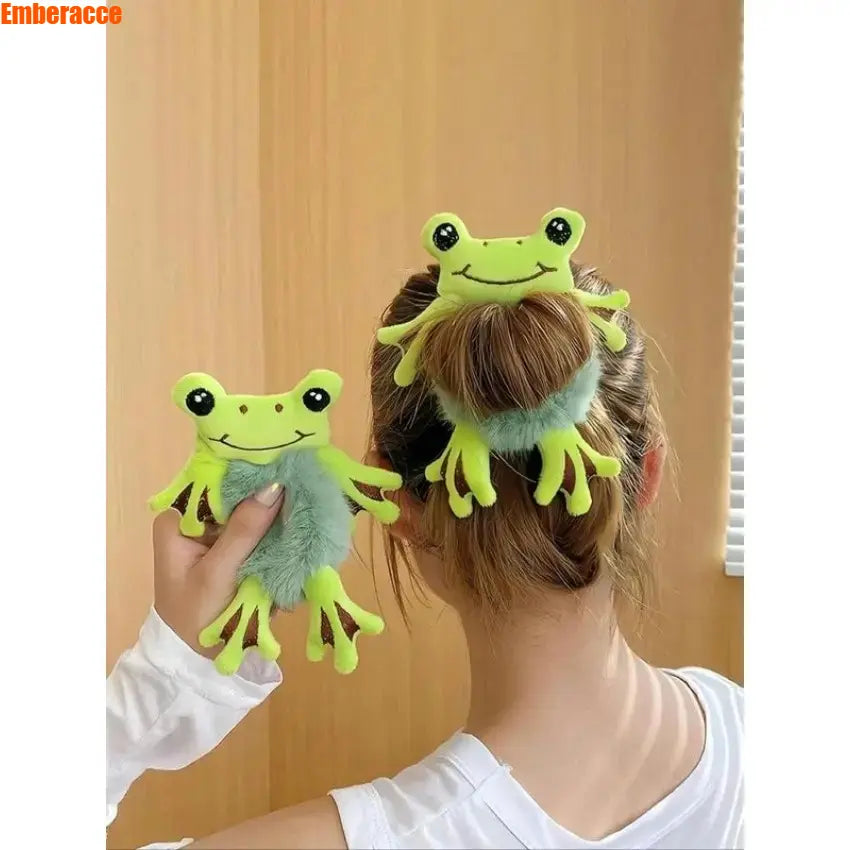 2pcs Frog Scrunchie for Women, Cute Plush Hair Tie with Soft Fabric, Stretchy Elastic Hair Accessories for Thick Hair, Fun Animal Hair Tie for Ponytails, Buns, Everyday Wear, Gifts,sohochic