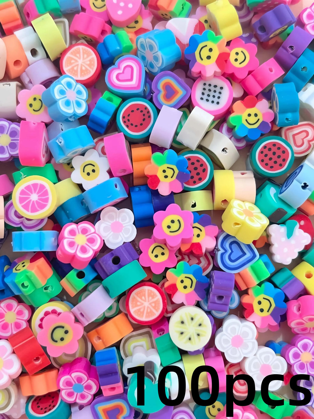 Mother's Day Gift 100 Mixed Fruit and Flower Clay Beads for Crafting, Heart-Shaped Beads for DIY Bracelets and Necklaces, Random Styles Included, Bead Assortment, Beads Bulk, Beads for Crafts, DIY Craft Embellishments, Beads For Jewelry Making