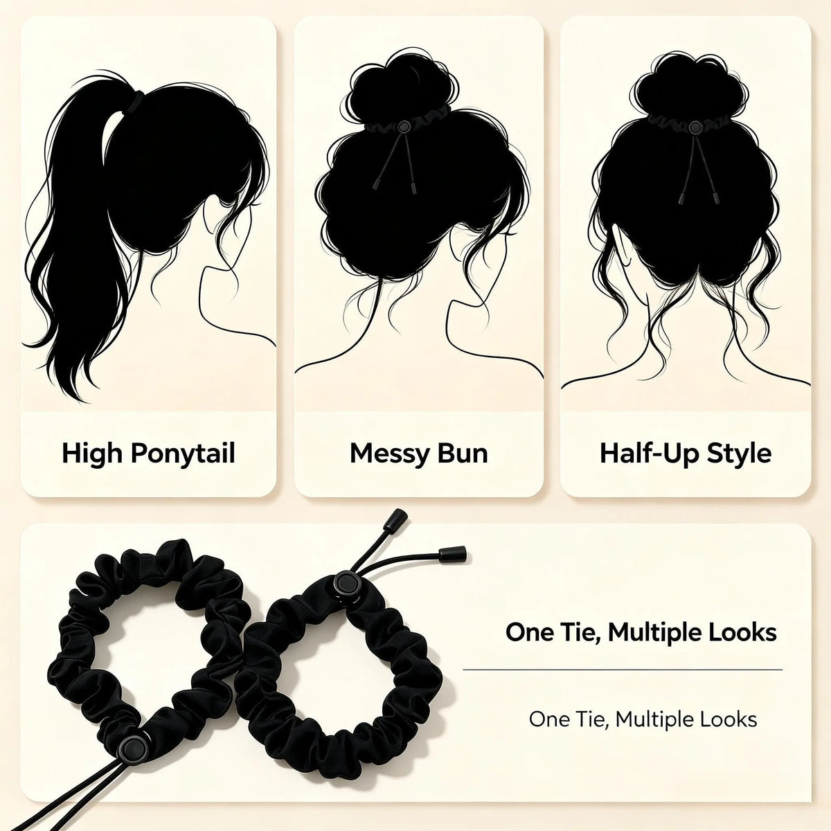 2 Pcs Adjust Satin Hair Scrunchies for Women Girls, Adjustable Hair Ties Soft Than Silk for 4c Girlie Thick Curly Natural Hair, Easy to Use Hair Accessories for Afro Puff Loc Ponytails (black)