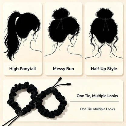 2 Pcs Adjust Satin Hair Scrunchies for Women Girls, Adjustable Hair Ties Soft Than Silk for 4c Girlie Thick Curly Natural Hair, Easy to Use Hair Accessories for Afro Puff Loc Ponytails (black)
