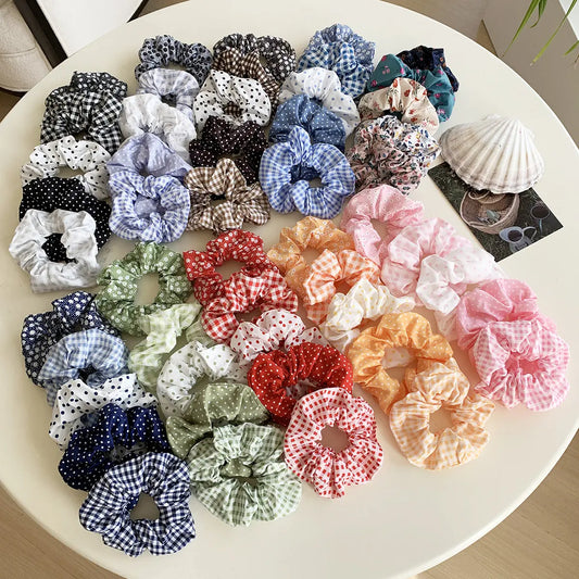 Women's Vintage Pastel Band-Shaped Hairbands & Scrunchies - Plaid/Polka, Floral Prints, Metal Accents, Elastic Fabric Hair Rubber Bands for Everyday Hairstyles