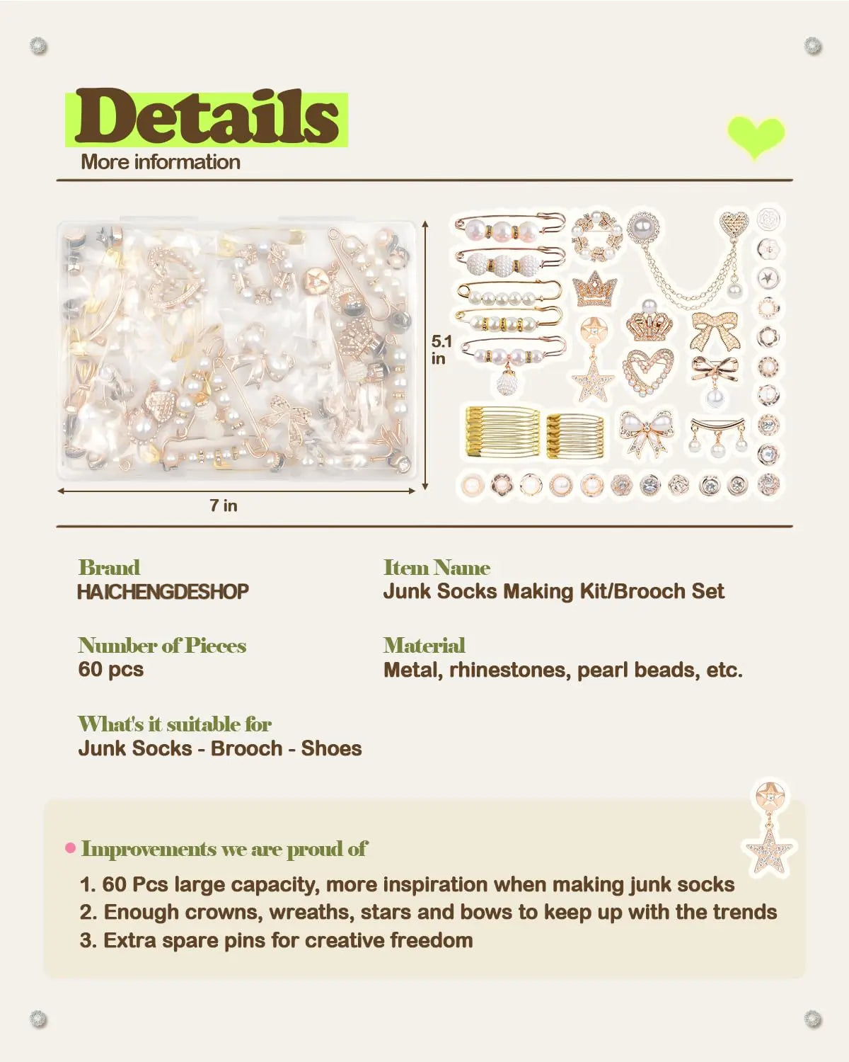 Women's Gold Pearl & Rhinestone Sock Charms DIY Kit - 60 Pcs Embellishments, 20 Safety Pins for Jewelry Making, Reusable Decorative Pins for Clothes/Bags, Gift-Ready Kit to Mix Charms to Match Your Mood,sohochic