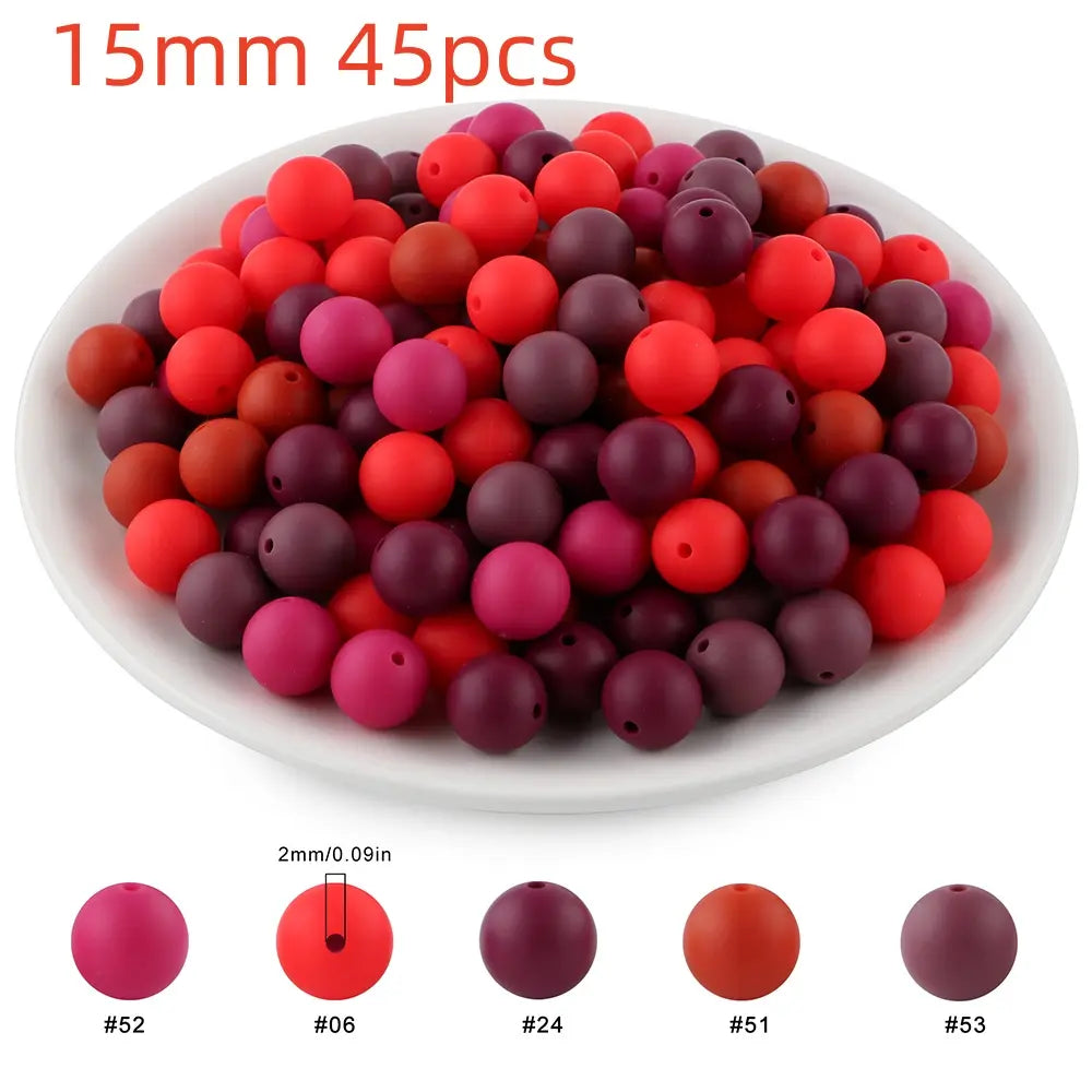 45pcs 9/12/15mm Solid Color Silicone Round Beads Combination DIY Beads Set Mixed in 5 colors Suitable for Making Beaded pens Bracelets and Phone Lanyards