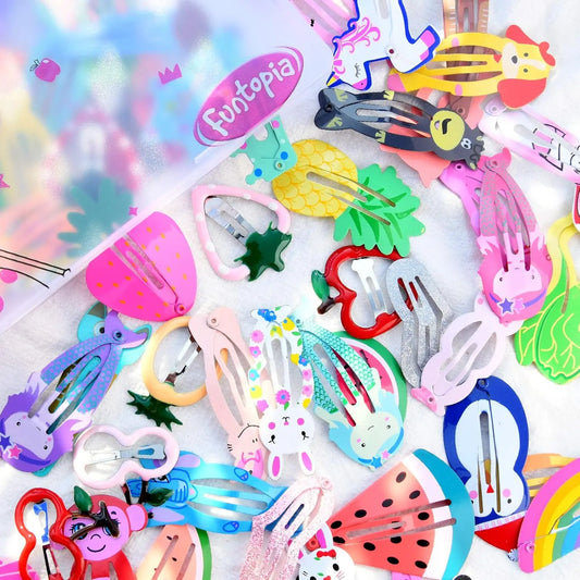 Funtopia Hair Clips for Girls - 100-Count No-Slip Metal Snap Barrettes, Candy Colors Cartoon Designs Crown & Star Set, Resists Daily Wear for Teens