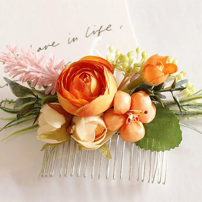 Wedding Flower Hair Comb Boho Wedding Orange Bridal Headpieces Hairpins Bride Hair Combs Floral Slide Hairing Clips Accessories for Women and Girls Long Hair