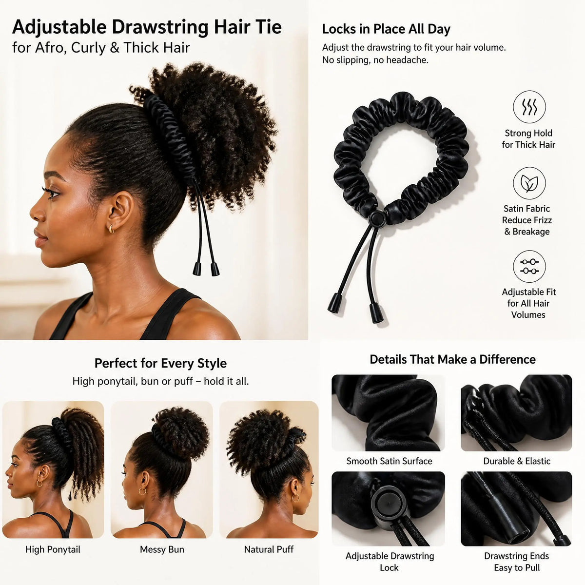 2 Pcs Adjust Satin Hair Scrunchies for Women Girls, Adjustable Hair Ties Soft Than Silk for 4c Girlie Thick Curly Natural Hair, Easy to Use Hair Accessories for Afro Puff Loc Ponytails (black)