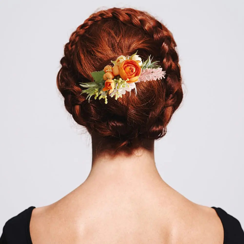 Wedding Flower Hair Comb Boho Wedding Orange Bridal Headpieces Hairpins Bride Hair Combs Floral Slide Hairing Clips Accessories for Women and Girls Long Hair