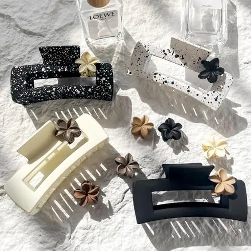 Hair Clips for Women,4PCS 4.13" Large Square Claw Clips for Thick Thin Hair Claws,8PCS 0.98" Mini Hawaiian Flower Hair Clips,Matte Cute Womens Hair Accessories for Girls (glossy netural)