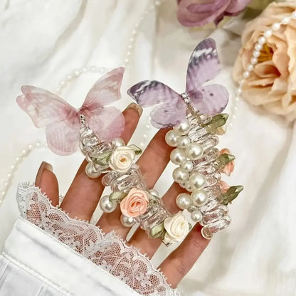 Female Elastic Band Scrunchies, Fairy-Style Rose Motif Phone Cord Hair Ties, Forest-Themed Ponytail Accessories for Bubble Braids, Updos, Daily Wear