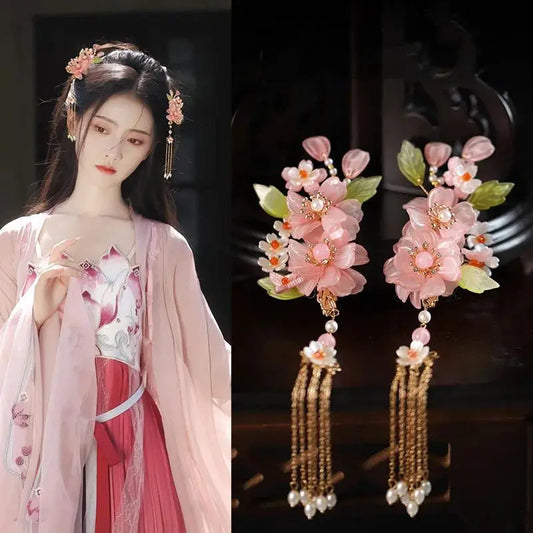 Chinese Hanfu Floral Hair Accessories Set, Pink Flower Tassel Hairpins and Hair Combs, Vintage Traditional Asian Wedding Cosplay Hair Ornaments for Women