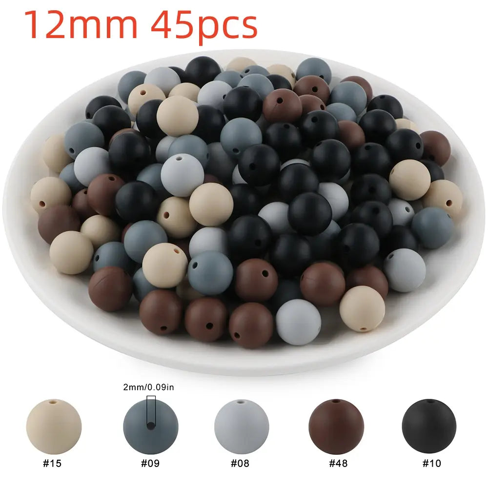 45pcs 9/12/15mm Solid Color Silicone Round Beads Combination DIY Beads Set Mixed in 5 colors Suitable for Making Beaded pens Bracelets and Phone Lanyards