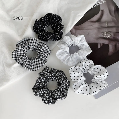 Women's Vintage Pastel Band-Shaped Hairbands & Scrunchies - Plaid/Polka, Floral Prints, Metal Accents, Elastic Fabric Hair Rubber Bands for Everyday Hairstyles