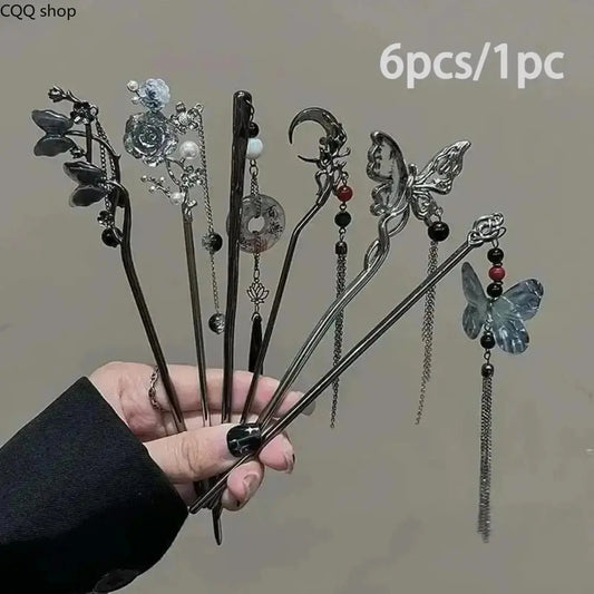 Women's 6pcs Elegant Goth Whimsical Vintage Chinese-Style Hairpin Set - Metal Butterfly, Floral Tassel Hair Sticks, Minimal Ornament Costume Hair Accessories Headwear for Hanfu, Daily Wear (Sports & Outdoor Accessories),sohochic