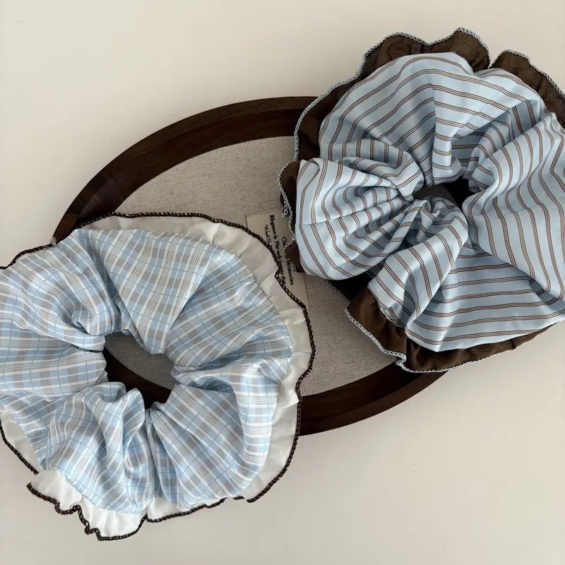 Set of 3 Unisex Vintage 2-Tone Spliced Contrast Ruffle Edge Striped Plaid Fabric Scrunchies, Elastic Hair Bands, Cute Hair Ties for Daily Hairstyle Fashion Accessories, Set Of Three