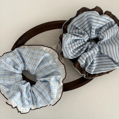 Set of 3 Unisex Vintage 2-Tone Spliced Contrast Ruffle Edge Striped Plaid Fabric Scrunchies, Elastic Hair Bands, Cute Hair Ties for Daily Hairstyle Fashion Accessories, Set Of Three