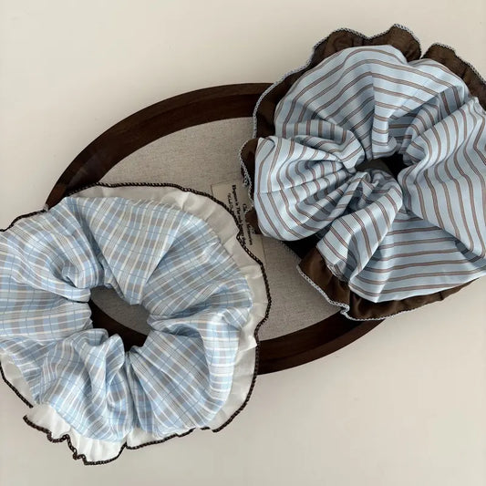Set of 3 Unisex Vintage 2-Tone Spliced Contrast Ruffle Edge Striped Plaid Fabric Scrunchies, Elastic Hair Bands, Cute Hair Ties for Daily Hairstyle Fashion Accessories, Set Of Three