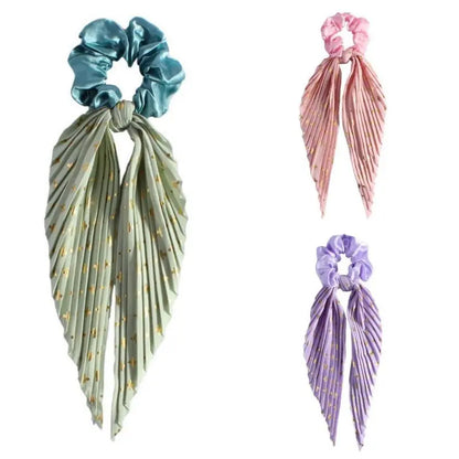 3PC Pleated Satin Scarf Scrunchie, Gold Foil Cross Print Bow Ribbon Hair Tie, Long Streamer Ponytail Hair Scrunchies for Women Girls