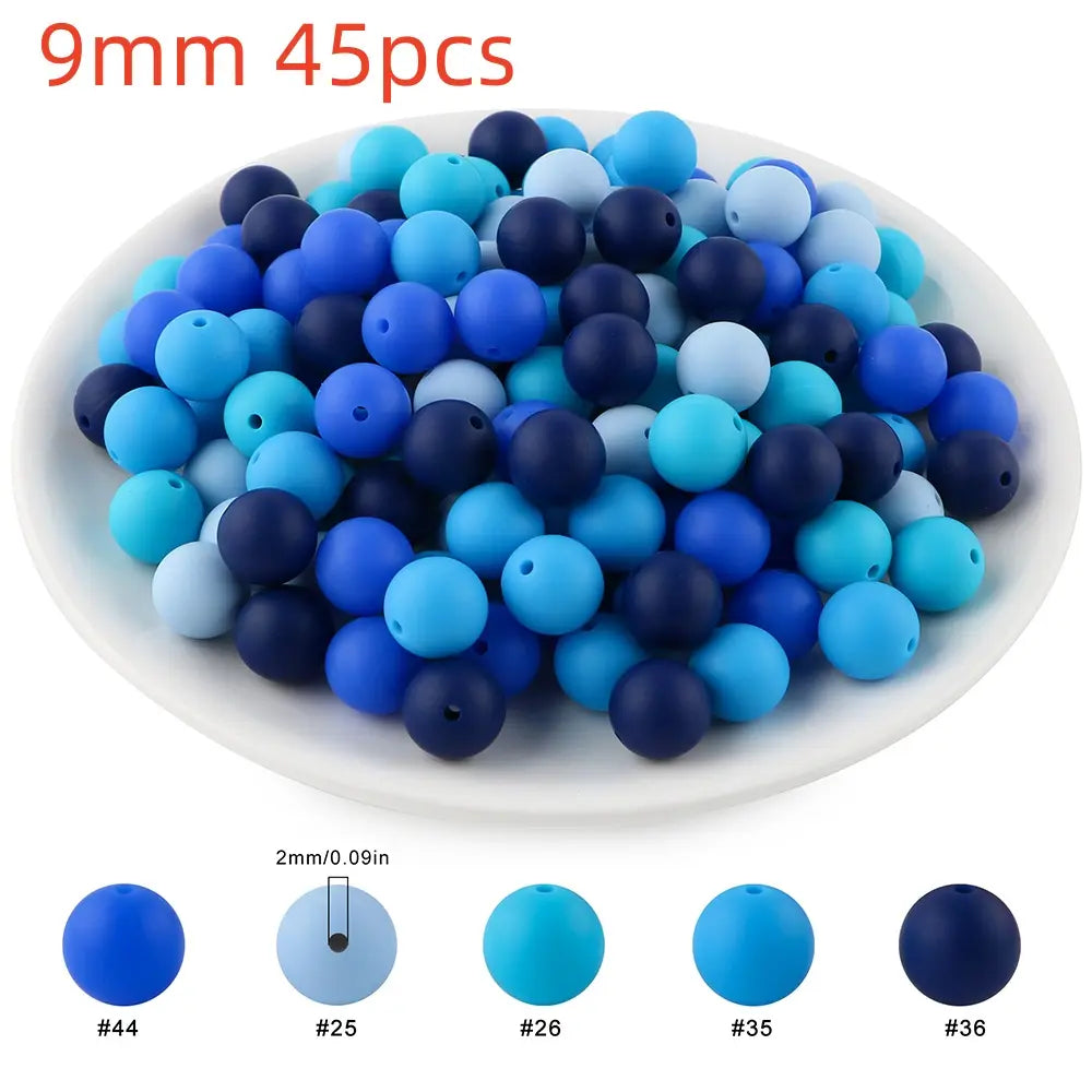 45pcs 9/12/15mm Solid Color Silicone Round Beads Combination DIY Beads Set Mixed in 5 colors Suitable for Making Beaded pens Bracelets and Phone Lanyards