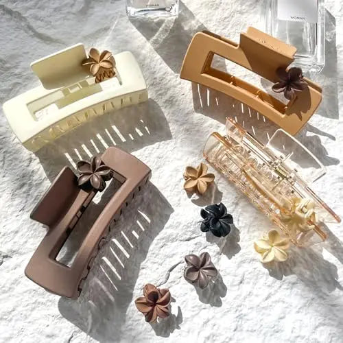 Hair Clips for Women,4PCS 4.13" Large Square Claw Clips for Thick Thin Hair Claws,8PCS 0.98" Mini Hawaiian Flower Hair Clips,Matte Cute Womens Hair Accessories for Girls (glossy netural)