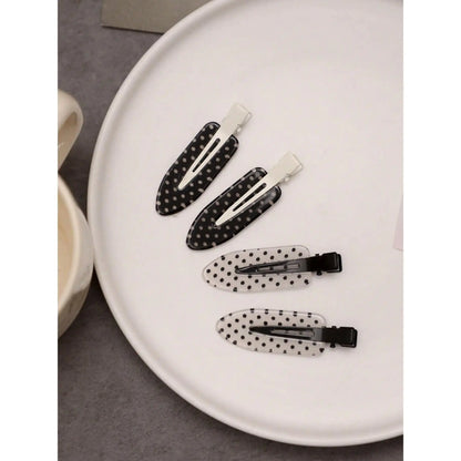 Female 4pcs/Set Cute Elegant Acetate Seamless Polka Dot Hair Clips - Black & White Acrylic Alligator Clips, Bangs & Side Comb Accessories, Everyday Fashion Hair Accessory Set, Abs-Ready Style