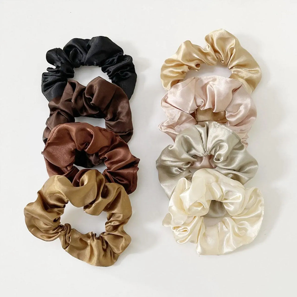 Women's Elegant Plain Smooth Satin Scrunchies Set - 12-Pack Ultra-Soft Elastic Unisex Hair Ties, Gentle Hold Hair Accessories Set for Casual Daily Use, Black, Mocha, Champagne Gold, Cream Colors