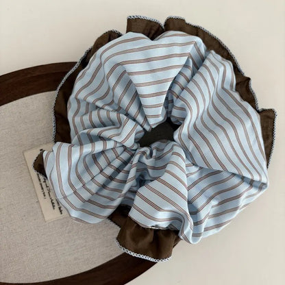 Set of 3 Unisex Vintage 2-Tone Spliced Contrast Ruffle Edge Striped Plaid Fabric Scrunchies, Elastic Hair Bands, Cute Hair Ties for Daily Hairstyle Fashion Accessories, Set Of Three