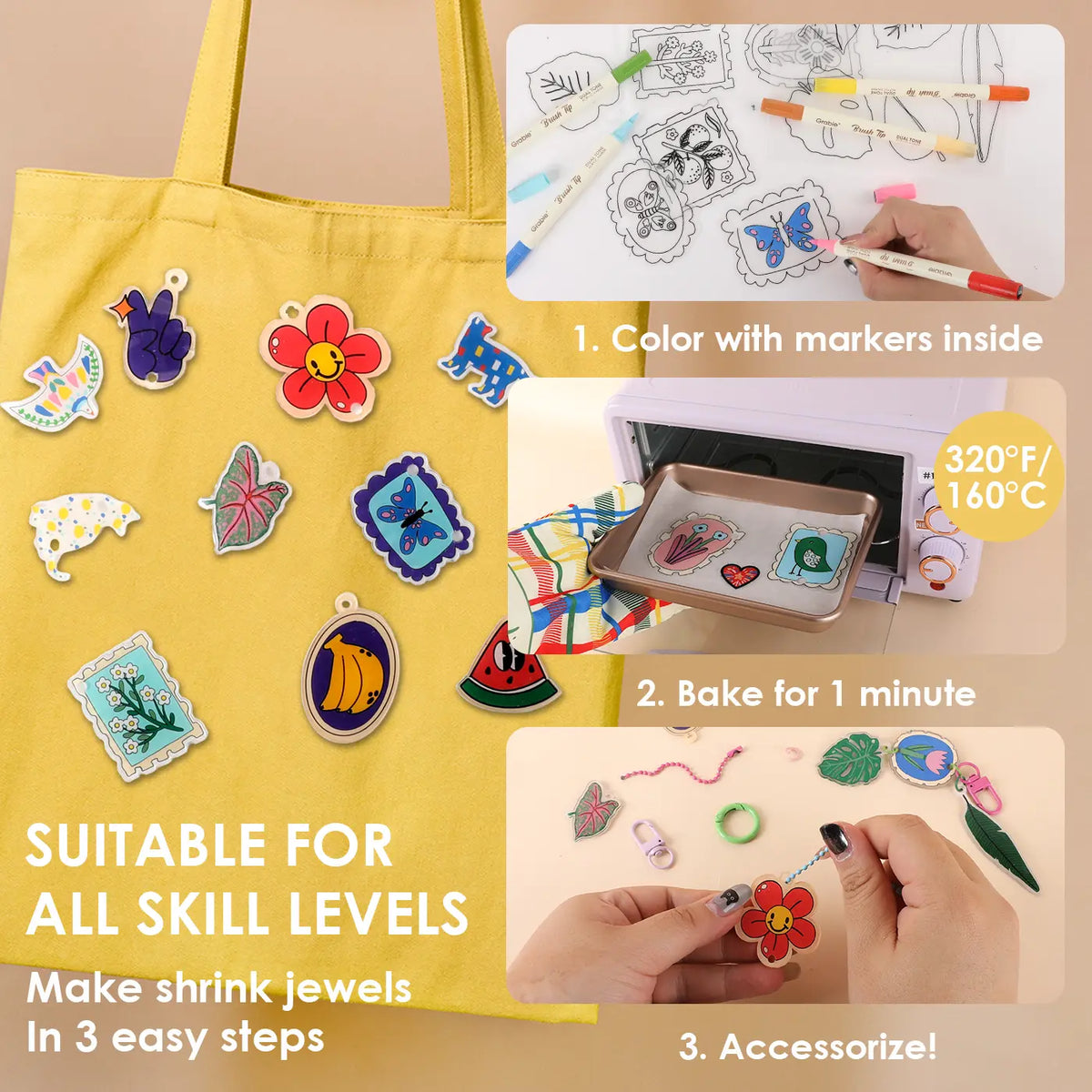Grabie Whimsical Shrink-to-Sparkles DIY Craft Set - Retro Office Art & Craft Supplies with DIY Beads, Beading Kits, Bracelet Beads & Charms, Earring Making Accessories for Adults, Back to School Haul, Class Rewards, Beading Supplies