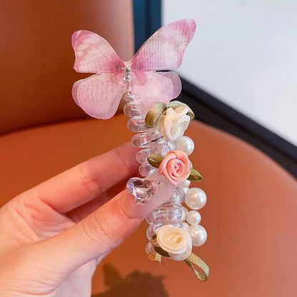 Female Elastic Band Scrunchies, Fairy-Style Rose Motif Phone Cord Hair Ties, Forest-Themed Ponytail Accessories for Bubble Braids, Updos, Daily Wear