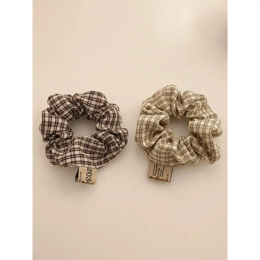 Women’s 2-Pack Fabric Plaid Hair Scrunchies - Round Shape, One Size, Soft Elastic Athletic Hair Ties, Elegant Everyday Bag Accessory for Outfit Styling & Casual Wear