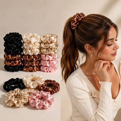 15 Piece Satin-Look Scrunchies Hair Ties Set, Soft Shiny Fabric, Stretchy Elastic Hold, Easy Styling for Women and Girls, Work, School, Travel, Gym, Hair Bands