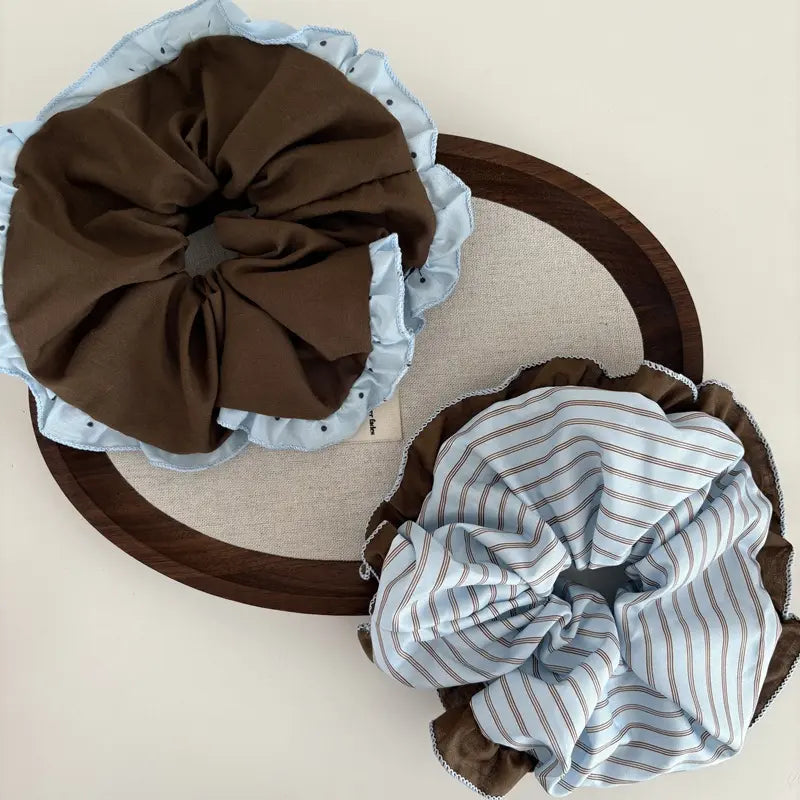 Set of 3 Unisex Vintage 2-Tone Spliced Contrast Ruffle Edge Striped Plaid Fabric Scrunchies, Elastic Hair Bands, Cute Hair Ties for Daily Hairstyle Fashion Accessories, Set Of Three