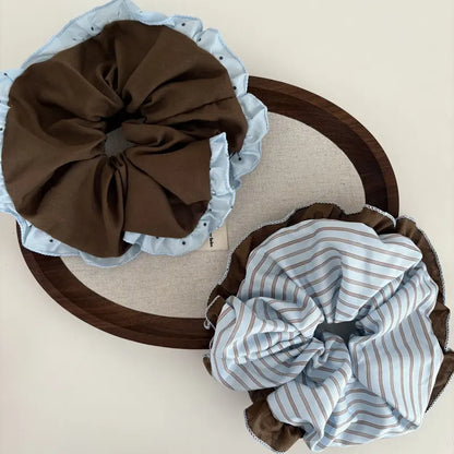 Set of 3 Unisex Vintage 2-Tone Spliced Contrast Ruffle Edge Striped Plaid Fabric Scrunchies, Elastic Hair Bands, Cute Hair Ties for Daily Hairstyle Fashion Accessories, Set Of Three