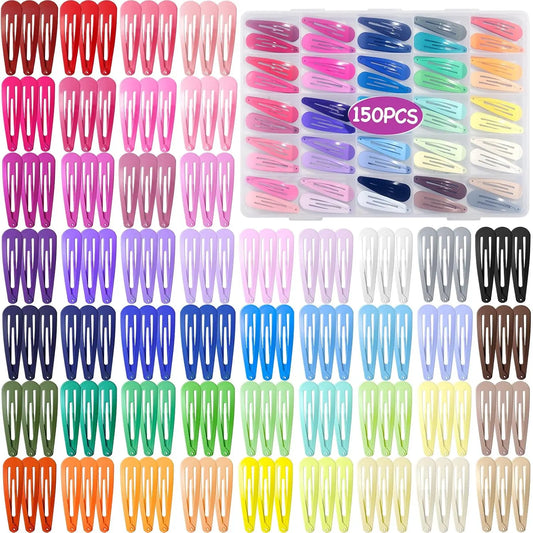 Funtopia 150 Count Colorful Snap Hair Clips 50 Unique Colors Non Slip Metal Barrettes 2 Inch Hair Accessories with Storage Case for Girls Women
