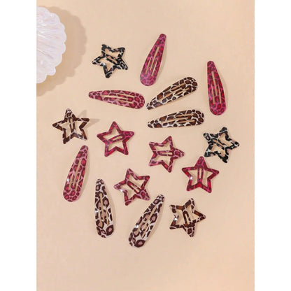 Women's 16pcs Leopard & Star Shapes Hair Clips Set - Female Casual Wear Everyday Accessories, Simple Clip Hair Pins & Barrettes Kit
