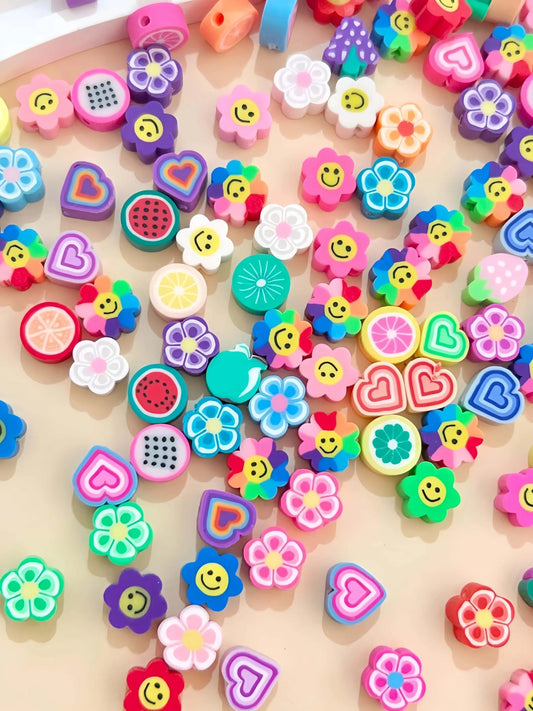 Mother's Day Gift 100 Mixed Fruit and Flower Clay Beads for Crafting, Heart-Shaped Beads for DIY Bracelets and Necklaces, Random Styles Included, Bead Assortment, Beads Bulk, Beads for Crafts, DIY Craft Embellishments, Beads For Jewelry Making