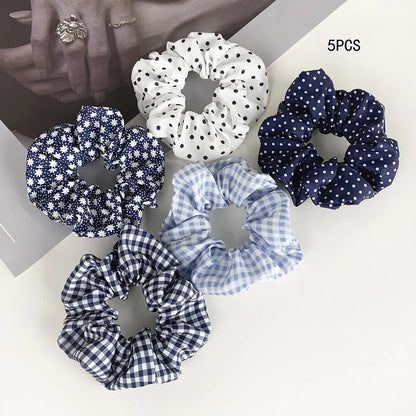 Women's Vintage Pastel Band-Shaped Hairbands & Scrunchies - Plaid/Polka, Floral Prints, Metal Accents, Elastic Fabric Hair Rubber Bands for Everyday Hairstyles